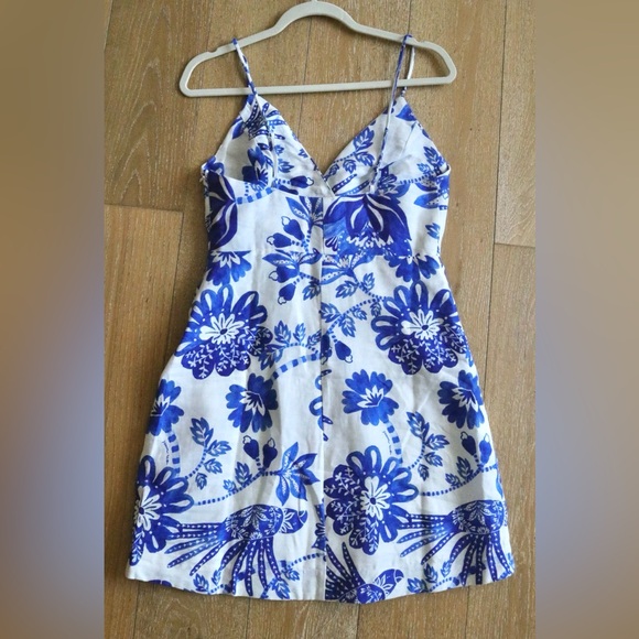NWT Farm Rio Blue & White Linen Floral Birds Dress Size Small - Picture 6 of 11